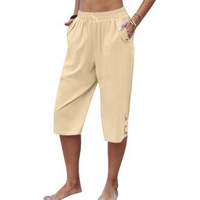Larmliss Womens Casual Capri Pants Elastic Waist Solid Color 3/4 Wide Leg Summer Trousers with Pockets