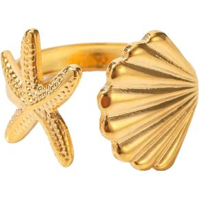 Shell Starfish Ring Summer Beach Rings for Women Ocean Starfish Shell Surfer Rings Gold Silver Cowrie Shell Seashell Open Ring