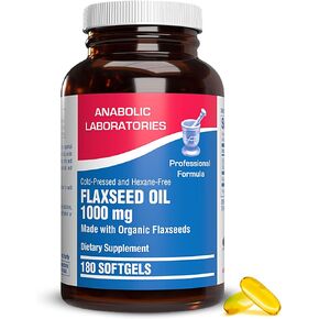 Anabolic Laboratories Flaxseed Oil Softgels 1000mg - 180 Softgels for Skin, Digestive, Heart, and Nerve Health - Contains Flax Seed Oil, ALA, Linoleic Acid, and Oleic Acid - Omega 3 6 9