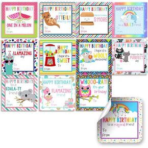 Happy Birthday Gift Tag Stickers for Girls, Set of 24 2.5 X 2.5 Mixed Square Birthday Gift Labels by Amanda Creation