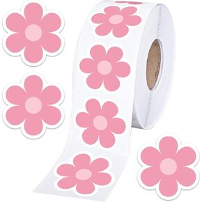 Whaline 1000Pcs Boho Daisy Stickers Pink Preppy Daisy Shaped Roll Stickers Hippie Groovy Flower Patterns Self-Adhesive Decals Retro Style Sealing Labels for Gifts Scrapbook Party Decor Accessories