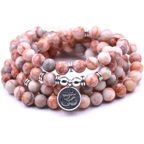 108 Natural Beads Mala Yoga Jewelry Meditation Beads Bracelet Necklace with OHM Charm (Red Line Agate) in Kuwait