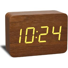 Wooden Digital Alarm Clock Electronic LED Time Display,4 Level Adjustable Brightness and Voice Control, Display Time Temperature Date for Bedroom Office Kids and Families,Brown