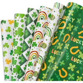 AnyDesign 12 Sheet St. Patrick's Day Wrapping Paper 6 Design Green Lucky Shamrock Rainbow Print Wrapping Paper Decorative Art Paper for Holiday Party Celebration, 19.7 x 27.6 Inch, Folded Flat