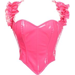 Daisy corsets Womens Top Drawer Steel Boned Hot Pink Patent Ruffle Sleeve Bustier Corset