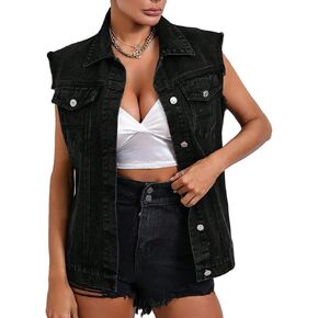 WDIRARA Women's Raw Trim Sleeveless Jean Vest Button Down Casual Denim Vest Jacket