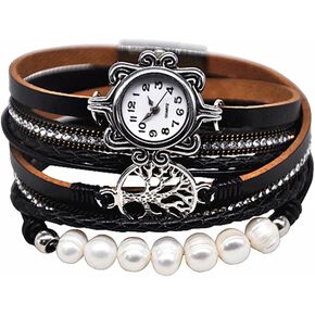 Vintage Casual Women Leather Watch Feather Pearl Wish Tree 2 x Wrap Around Girl Watch Cuff Bangle with Magnetic Clasp