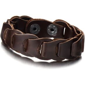 COOLSTEELANDBEYOND Mens Brown Leather Link Bracelet Leather Bangle Bracelet Wristband with Snap Buttons