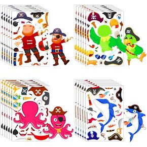 Konsait 24 Sheets Pirate Make Your Own Stickers Decorative for Kids Pirate Theme Sticker Mix and Match Shark Sticker Parrot Jake Captain Birthday Party Favors Crafts Supplies
