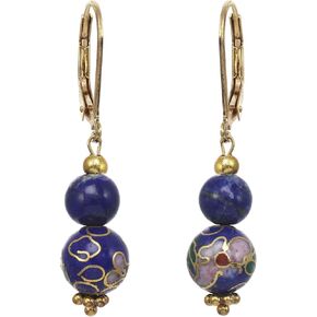 Smooth Lapis Lazuli Beads and Cloisonné Drop Earrings made with 14k Gold-Filled Lever Backs for Women and Teens