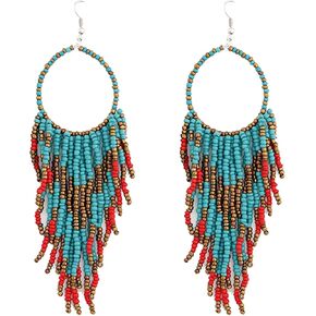 Bohemian Long Seed Beaded Tassel Statement Earrings Handmade Ethnic Beaded Fringe Charms Dangle Earrings for Women Fashion Jewelry Gift