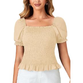 LYANER Women's Ruffle Peplum Smock Gingham Crop Top Square Neck Puff Short Sleeve Blouse Shirt