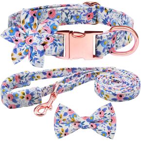 Girl Dog Collar and Leash Set with Flower Bow Tie, Floral Puppy Dog Collars with Adjustable Metal Buckle for Small Medium Large Female Dogs, Blue Flower Pattern, S