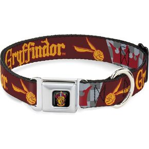 Warner Bros. Pet Collar, Dog Collar Metal Seatbelt Buckle, Harry Potter Gryffindor Quiditch Ball Crown Red Golds Grays, 9.5 to 13 Inches 1.0 Inch Wide