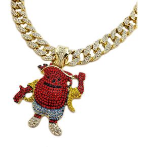 Hip Hop Iced KOOL AID MAN Gold Plated Pendant & 15mm 20" Full Iced Cuban Choker Style Chain Necklace Set for Men, Women, Kids