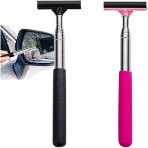 2 PCS Car Side Mirror Squeegee,Portable Car Rearview Mirror Wiper Telescopic Auto Mirror Squeegee Cleaner 98cm Long Handle Mini Squeegee for Car Glass Windows (Black + Pink)