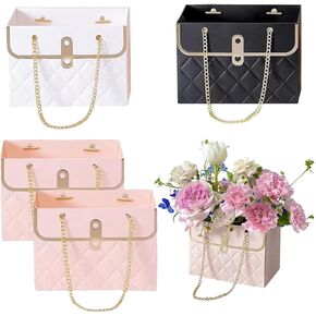 mdgfge 4 Pcs Paper Flower Bags Bouquet Storage Bucket Florist Handbags with Metal Chain Floral Box Flower Wrapping Basket Boxes for Mother's Day Wedding Birthday Baby Shower Party Supplies