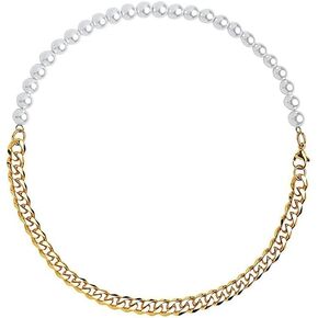 Pearl Necklace Men Half Pearl Half Chain Necklace 18k Gold Stainless Steel Cuban Link Neckalce for Men