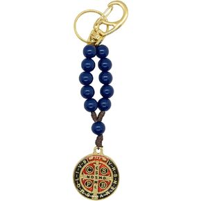 VILLAGE GIFT IMPORTERS Saint Benedict Rosary Decade Keychain with Clip | Clip onto Keys, Rearview Mirror, or Belt | Blue Beads | Red and Blue Accents on Gold-Tone Medal | Patron Saint of Students