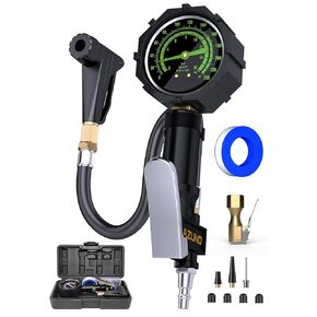AZUNO Bike Tire Inflator with Pressure Gauge, New Upgrade Presta Valve Adapter for Air Compressor, Presta Valve Air Chuck, Universal Presta and Schrader Air Compressor Tool, with Storage Box