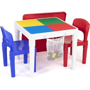 Humble Crew Kids 2-in-1 Plastic Building Blocks-Compatible Activity Table and 2 Chairs Set, Square, Pink/Purple/White