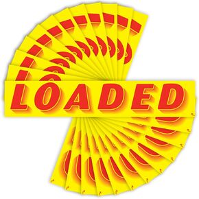 Versa Tags Dealership Stickers 12 Pack of Loaded Stickers Car Lot Windshield Slogan Decals RV Truck Auto Dealer Window for Loaded Stickers Red On Yellow