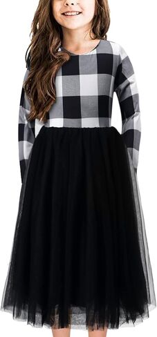 فستان بناتي من التول توتو على شكل حرف A بطول الأرض وأكمام طويلة منقوشة لعيد الميلاد فساتين غير رسمية 3-10t in Kuwait