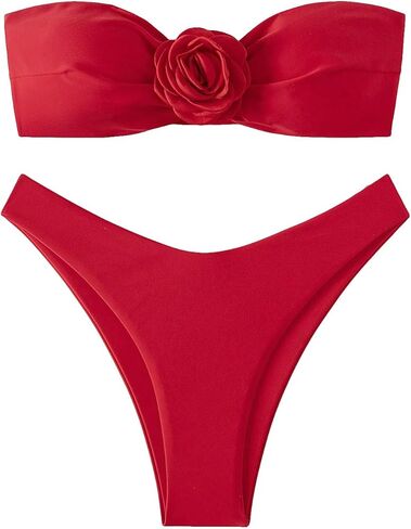 SHENHE Women's 2 Piece Strapless Swimsuit 3D Rose High Cut Flower Bandeau Bikini in Saudi Arabia
