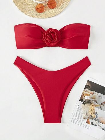 SHENHE Women's 2 Piece Strapless Swimsuit 3D Rose High Cut Flower Bandeau Bikini in Saudi Arabia