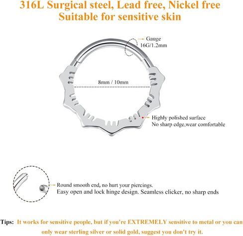 MissNity 16G Clicker Rings 316L Surgical Steel Hinged Hoops for Septum, Daith and Cartilage Earlobe Piercings Jewelry, Diameter 8mm, 10mm in Saudi Arabia