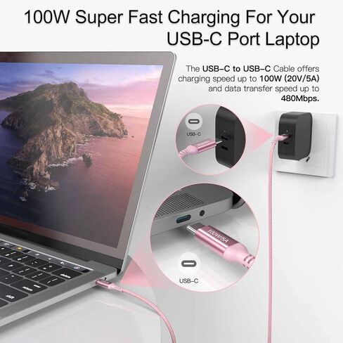100W USB C Cable 10ft Pink,Long USB-C to USB-C,Awnuwuy USB Type C to C Fast Charging Cord Compatible with iPhone 15/15 Pro/15 Plus/15 Pro Max,iPad Pro,iPad Air 4,Samsung Galaxy S23 S22 S21,MacBook Pro in Saudi Arabia
