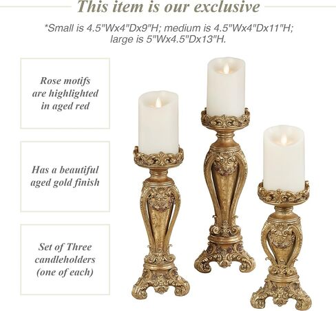 Touch of Class Angelique Ornate Candleholders Aged Gold Set of 3 - Victorian Style Table Candleholder for Dining Room, Mantel - Vintage Centerpiece Decor in Saudi Arabia