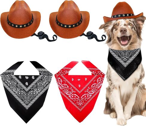 Whaline 4Pcs Pet Cowboy Costume Accessories Dog Cat Pet Size Cowboy Hat and Bandana Scarf West Cowboy Accessories for Puppy Kitten Party Festival and Daily Wearing Set in Saudi Arabia