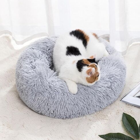 Cat Beds for Indoor Cats, 15 inches Small Dog Bed Calming Plush Cat Bed Fluffy Round Dog Bed Donut Dog Bed Soft Puppy Pet Bed Cat Beds Kitten Beds for Indoor Kittens (Grey) in Saudi Arabia