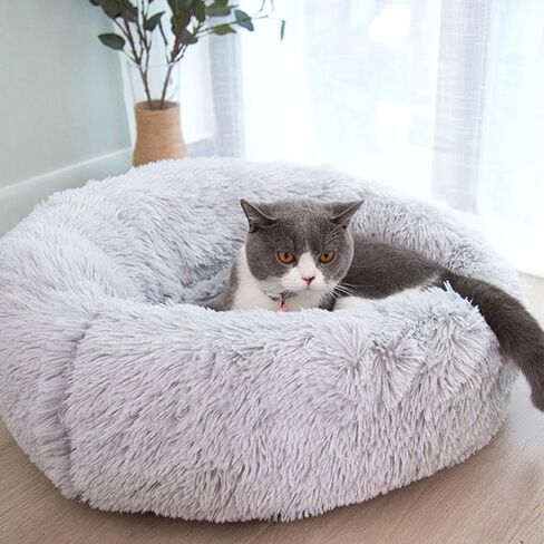 Cat Beds for Indoor Cats, 15 inches Small Dog Bed Calming Plush Cat Bed Fluffy Round Dog Bed Donut Dog Bed Soft Puppy Pet Bed Cat Beds Kitten Beds for Indoor Kittens (Grey) in Saudi Arabia