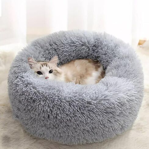 Cat Beds for Indoor Cats, 15 inches Small Dog Bed Calming Plush Cat Bed Fluffy Round Dog Bed Donut Dog Bed Soft Puppy Pet Bed Cat Beds Kitten Beds for Indoor Kittens (Grey) in Saudi Arabia