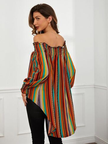 Floerns Women's Leopard Print Off Shoulder Long Sleeve High Low Blouses Tops in Kuwait