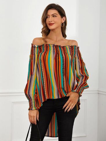 Floerns Women's Leopard Print Off Shoulder Long Sleeve High Low Blouses Tops in Kuwait