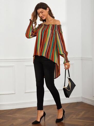 Floerns Women's Leopard Print Off Shoulder Long Sleeve High Low Blouses Tops in Kuwait