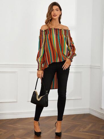 Floerns Women's Leopard Print Off Shoulder Long Sleeve High Low Blouses Tops in Kuwait