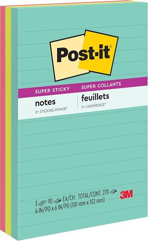 Post-it Super Sticky Notes, 4x6 in, 3 Pads, 2X The Sticking Power, Supernova Neons, Bright Colors, Recyclable, Pack of 12, 36 Pads Total in Saudi Arabia