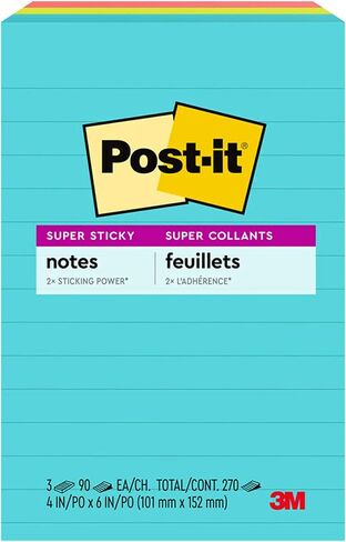 Post-it Super Sticky Notes, 4x6 in, 3 Pads, 2X The Sticking Power, Supernova Neons, Bright Colors, Recyclable, Pack of 12, 36 Pads Total in Saudi Arabia