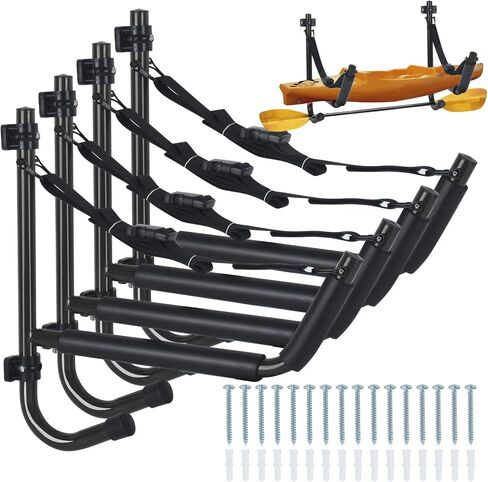 Kayak Storage Rack,Kayak Wall Mount,Heavy Duty Kayak Rack for Garage,Folding Kayak Hanger Kayak Hook with Paddle Rack Fixing Strap for Kayaks,Paddle Boards,Surfboards,Snowboards(2/4Pack，2Color) in Saudi Arabia