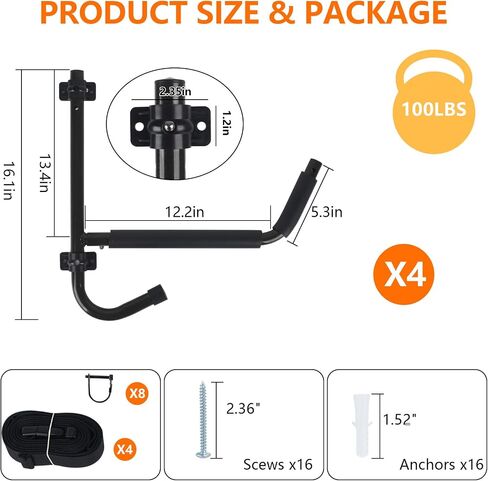 Kayak Storage Rack,Kayak Wall Mount,Heavy Duty Kayak Rack for Garage,Folding Kayak Hanger Kayak Hook with Paddle Rack Fixing Strap for Kayaks,Paddle Boards,Surfboards,Snowboards(2/4Pack，2Color) in Saudi Arabia