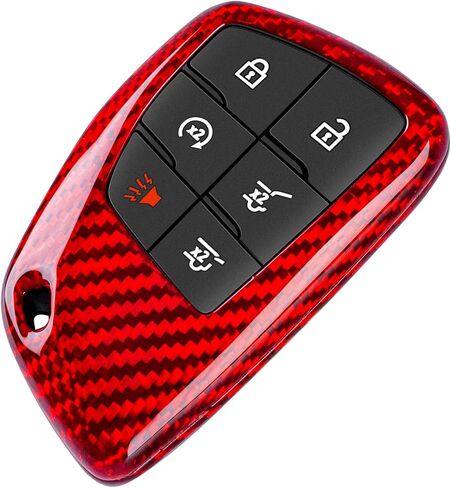 متوافق مع غطاء مفتاح Chevy & GMC Key Fob، حافظة مفاتيح السيارة من الألياف الزجاجية الحقيقية مناسبة لشفروليه سيلفرادو سوبربان تاهو، GMC Sierra Yukon Denali Smart Key Fob Protector 2021-2024، أحمر in Saudi Arabia