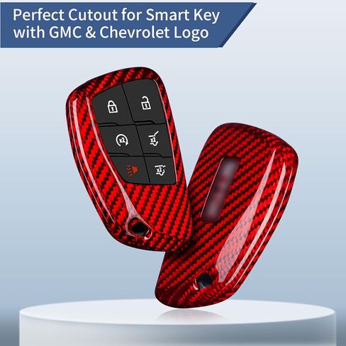 متوافق مع غطاء مفتاح Chevy & GMC Key Fob، حافظة مفاتيح السيارة من الألياف الزجاجية الحقيقية مناسبة لشفروليه سيلفرادو سوبربان تاهو، GMC Sierra Yukon Denali Smart Key Fob Protector 2021-2024، أحمر in Saudi Arabia