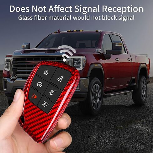 متوافق مع غطاء مفتاح Chevy & GMC Key Fob، حافظة مفاتيح السيارة من الألياف الزجاجية الحقيقية مناسبة لشفروليه سيلفرادو سوبربان تاهو، GMC Sierra Yukon Denali Smart Key Fob Protector 2021-2024، أحمر in Saudi Arabia