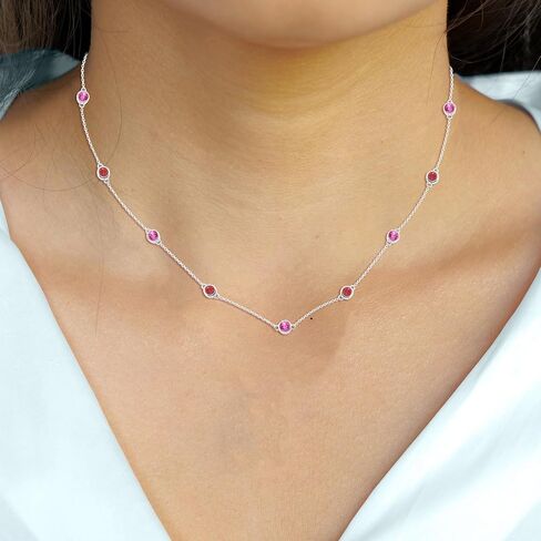 1.25cttw Round Lab-Created Multi-Gemstone Station Necklace for Womens in Solid 925 Sterling Silver 14K White Gold Plated Women's Jewelry (18") in Saudi Arabia