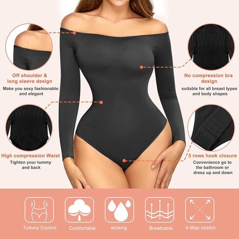 Hioffer Women Off Shoulder Long Sleeve Bodysuit Tummy Control Seamless Shapewear Sculpting Body Shaper Jumpsuit Tops in Kuwait