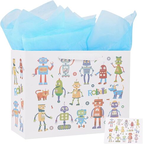 حقيبة هدايا كبيرة من ysmile مع مناديل تغليف للطفل الصبي، عيد ميلاد سعيد للأطفال مقاس 12.6 بوصة لحديثي الولادة - روبوت كرتوني in Kuwait